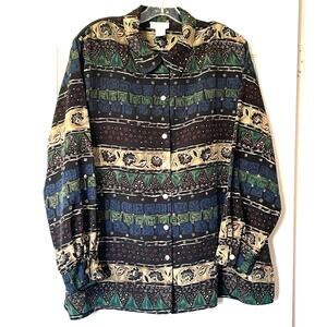 Vintage Jordan Shirt Women 20 Blue Green Tan Geometric Button Up 90s Long Sleeve